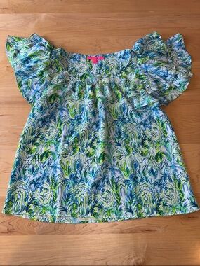 Women’s Lilly Pulitzer Devine Ruffle Short Sleeve Top | Lilly Blue and Green